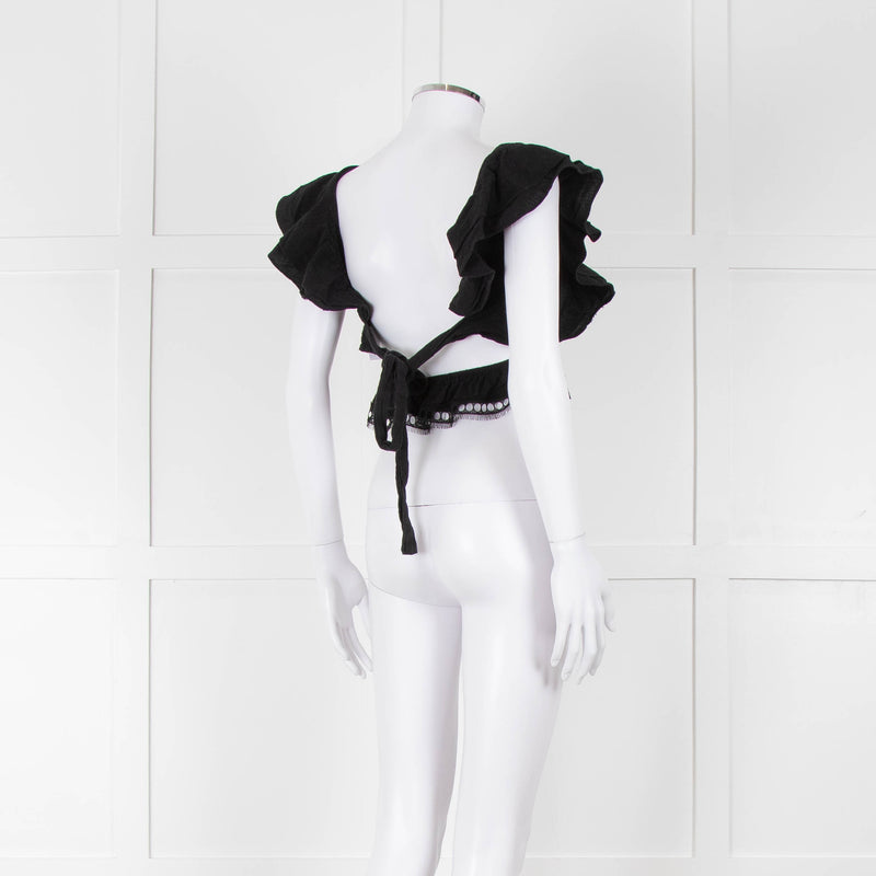 Dissh Black Cotton Short Top With Tie Back & Frill Sleeves