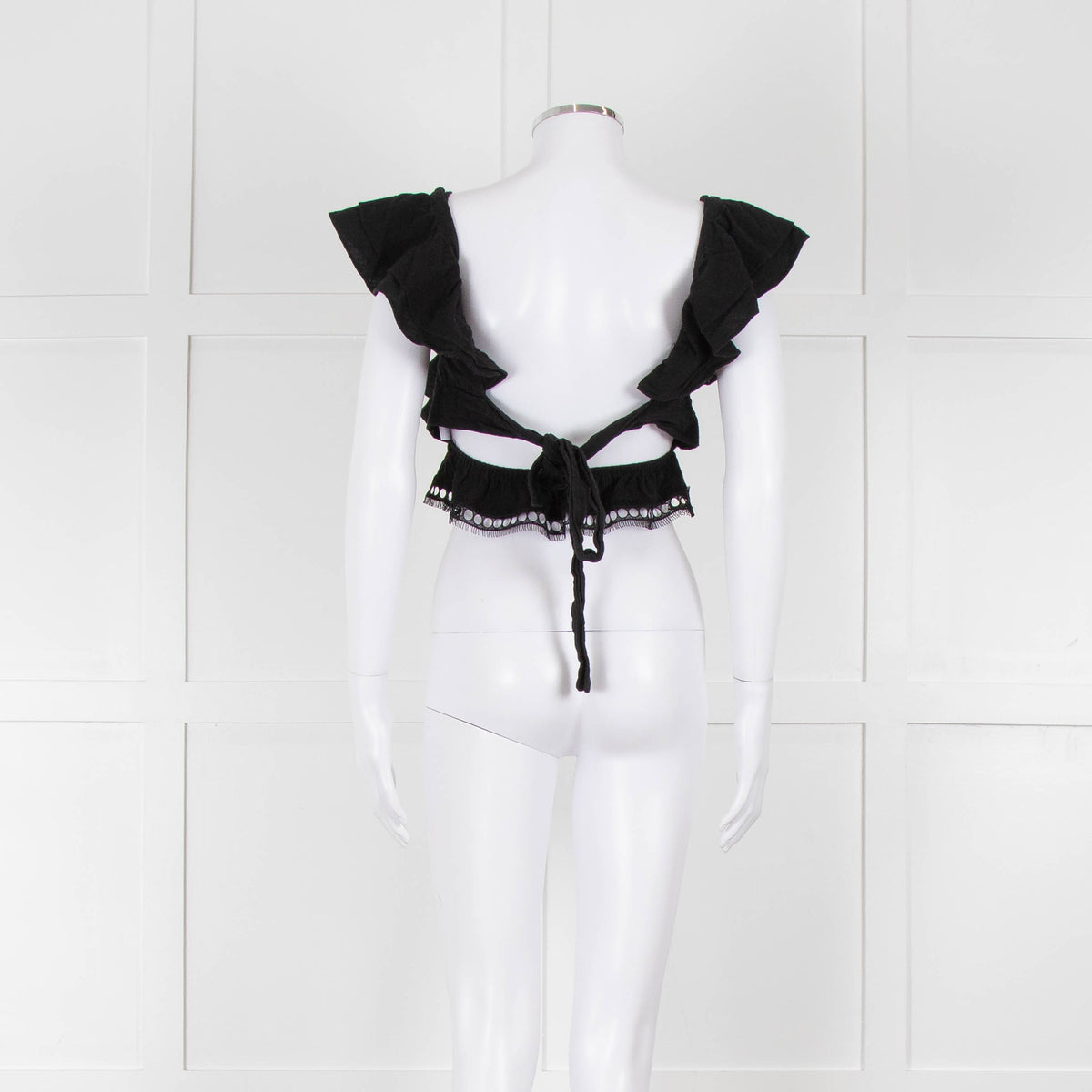 Dissh Black Cotton Short Top With Tie Back & Frill Sleeves