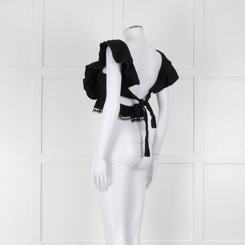 Dissh Black Cotton Short Top With Tie Back & Frill Sleeves