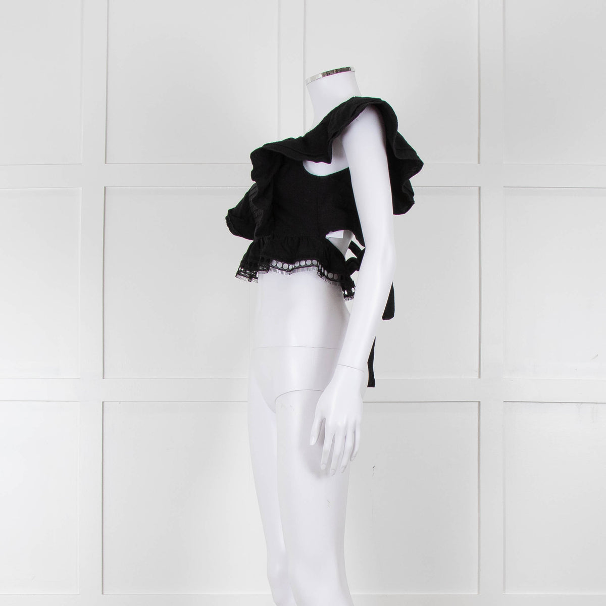 Dissh Black Cotton Short Top With Tie Back & Frill Sleeves