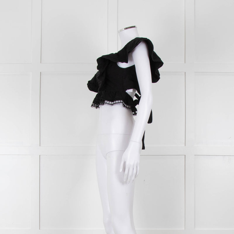 Dissh Black Cotton Short Top With Tie Back & Frill Sleeves