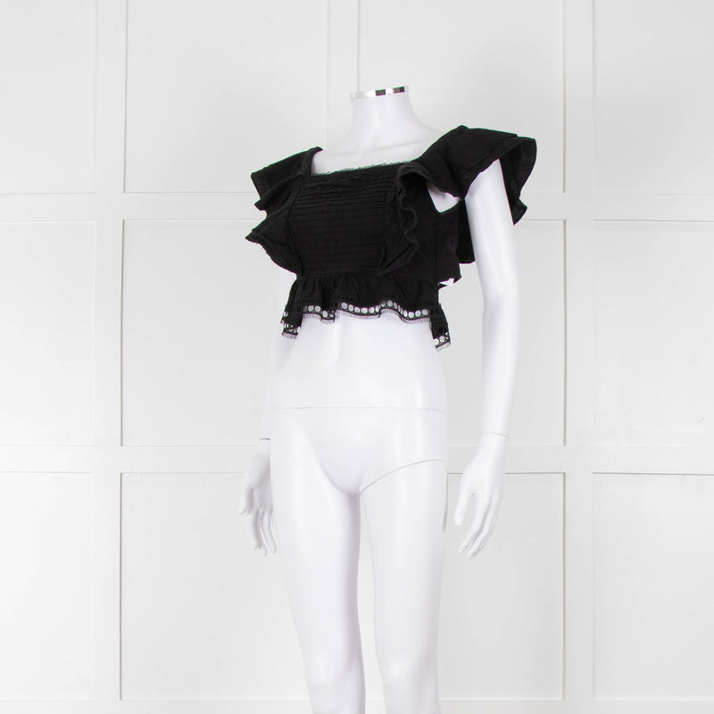 Dissh Black Cotton Short Top With Tie Back & Frill Sleeves