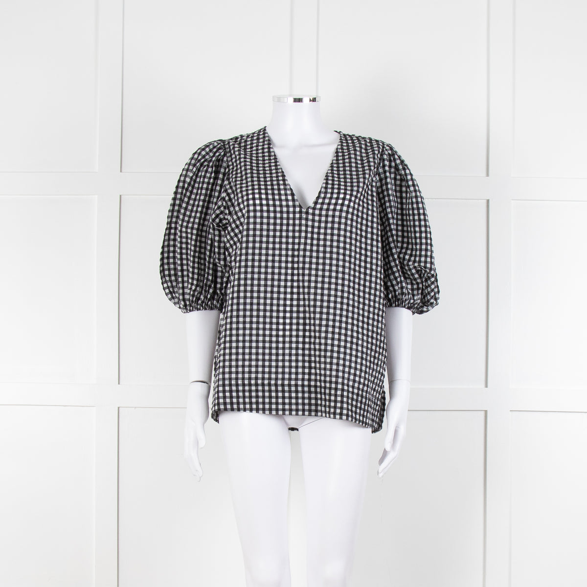 Ganni Checked Top with Puff Sleeves
