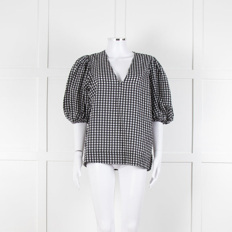 Ganni Checked Top with Puff Sleeves