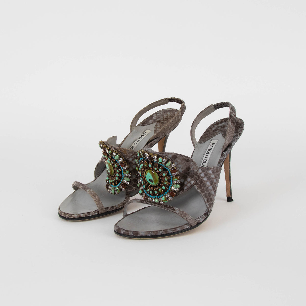 Manolo Blahnik Grey Snake Skin Embellished Heeled Sandals