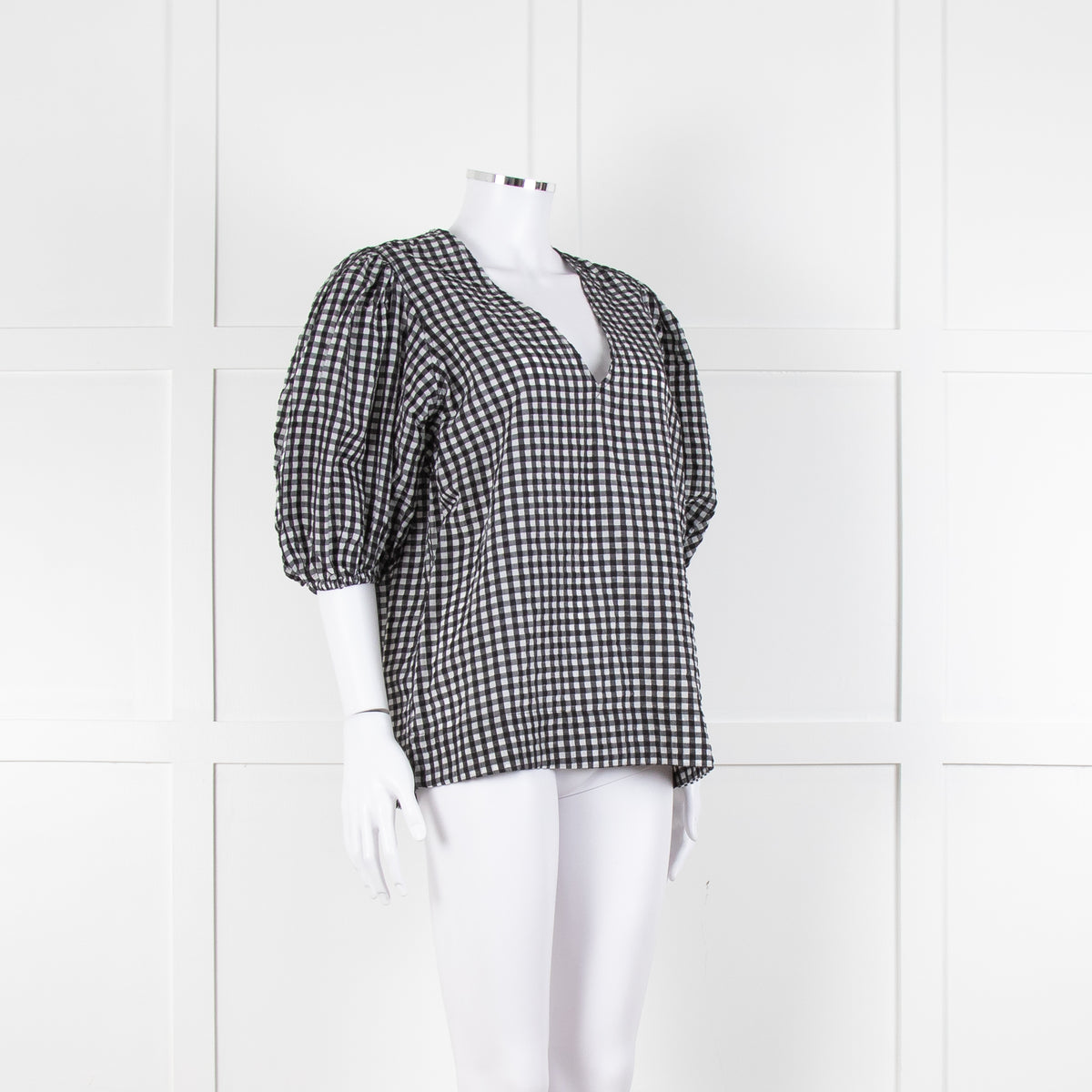 Ganni Checked Top with Puff Sleeves
