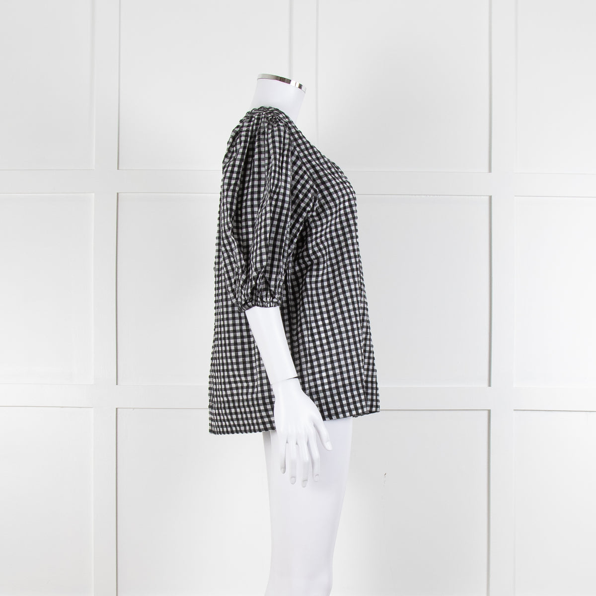 Ganni Checked Top with Puff Sleeves
