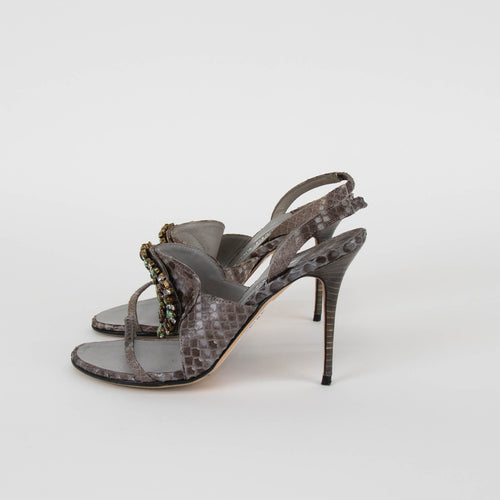 Manolo Blahnik Grey Snake Skin Embellished Heeled Sandals