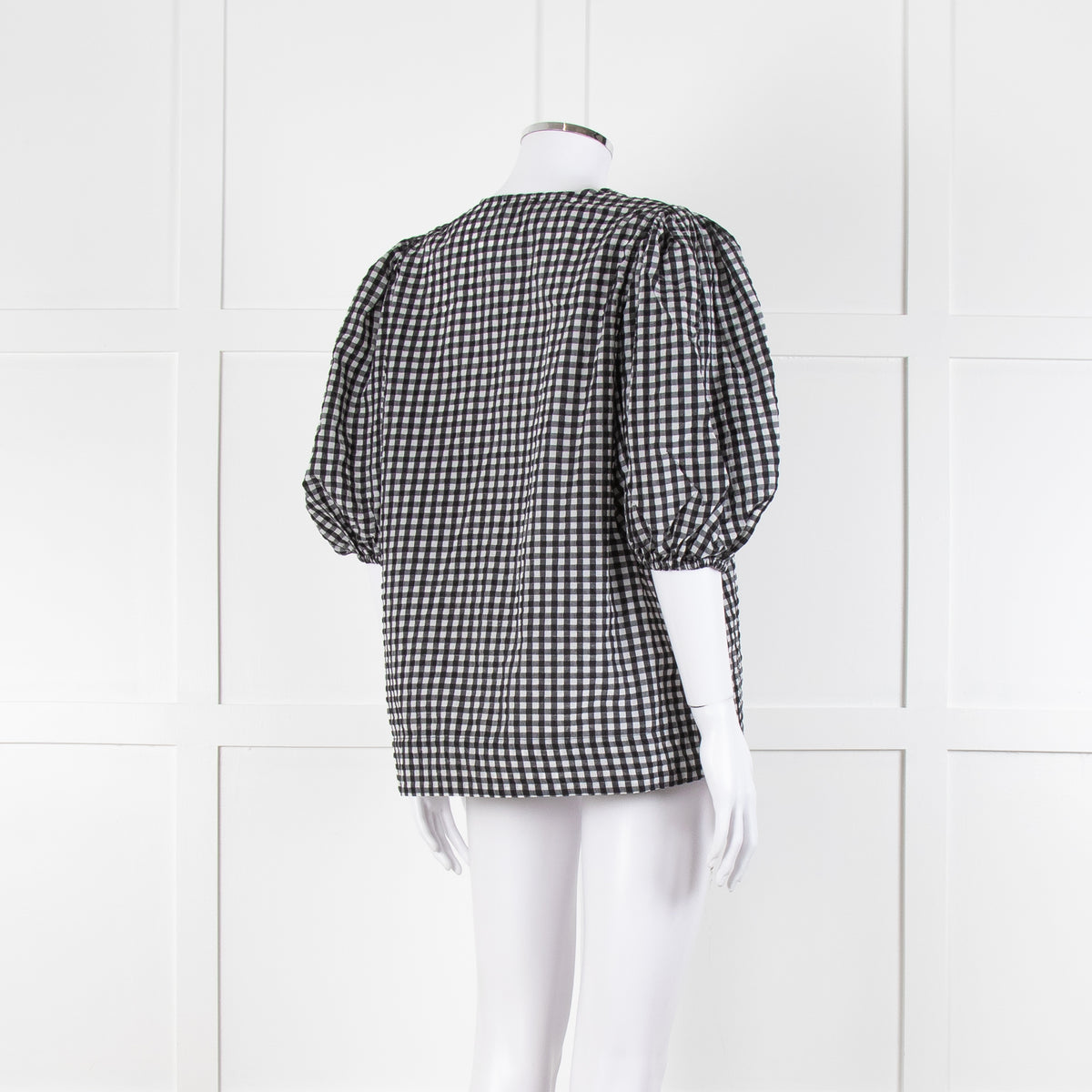 Ganni Checked Top with Puff Sleeves