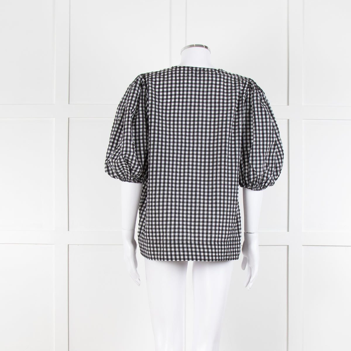 Ganni Checked Top with Puff Sleeves