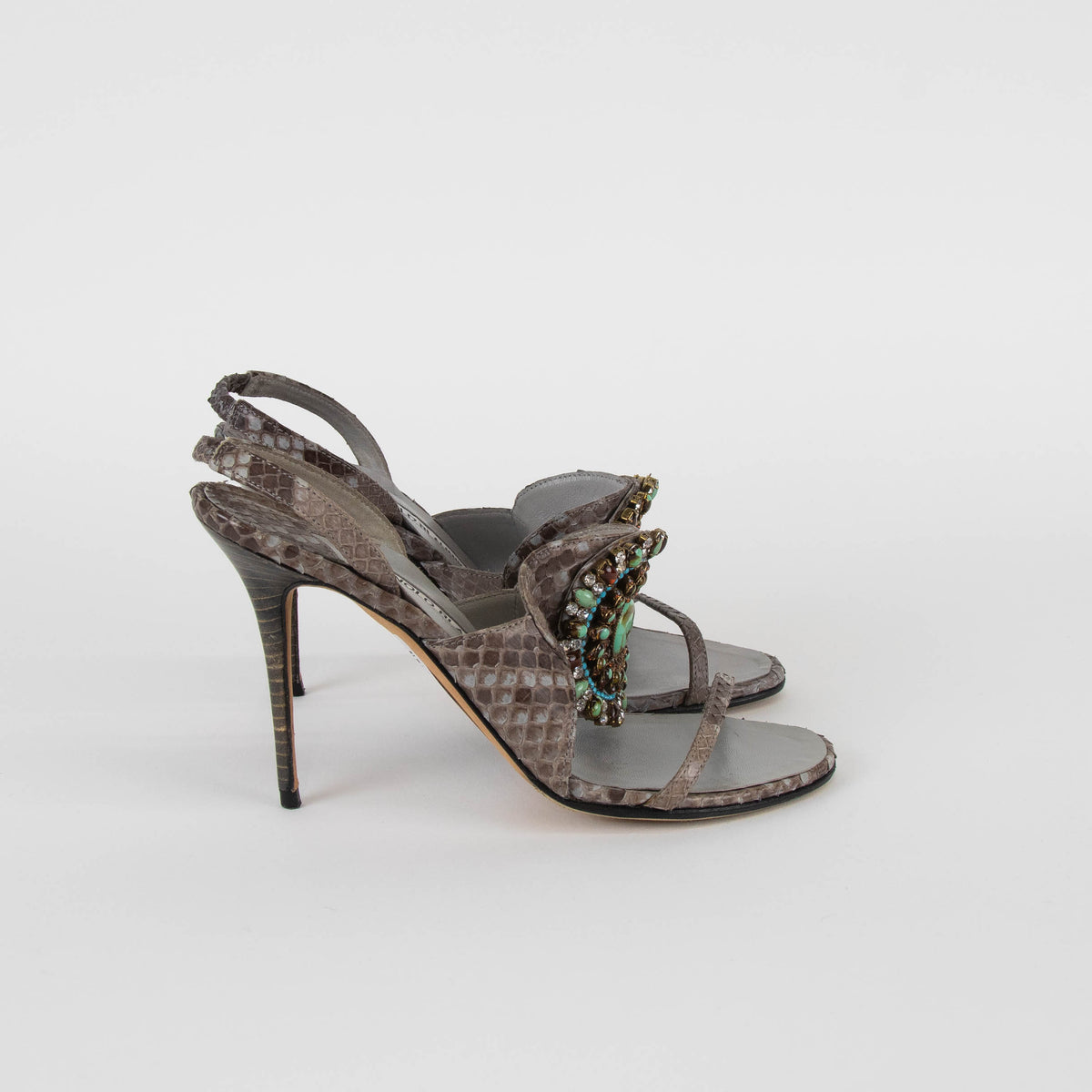 Manolo Blahnik Grey Snake Skin Embellished Heeled Sandals