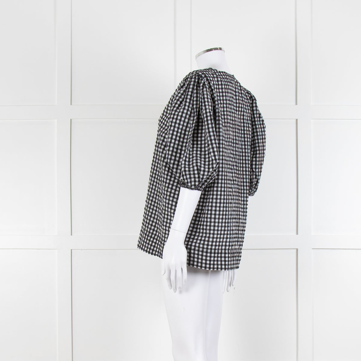 Ganni Checked Top with Puff Sleeves