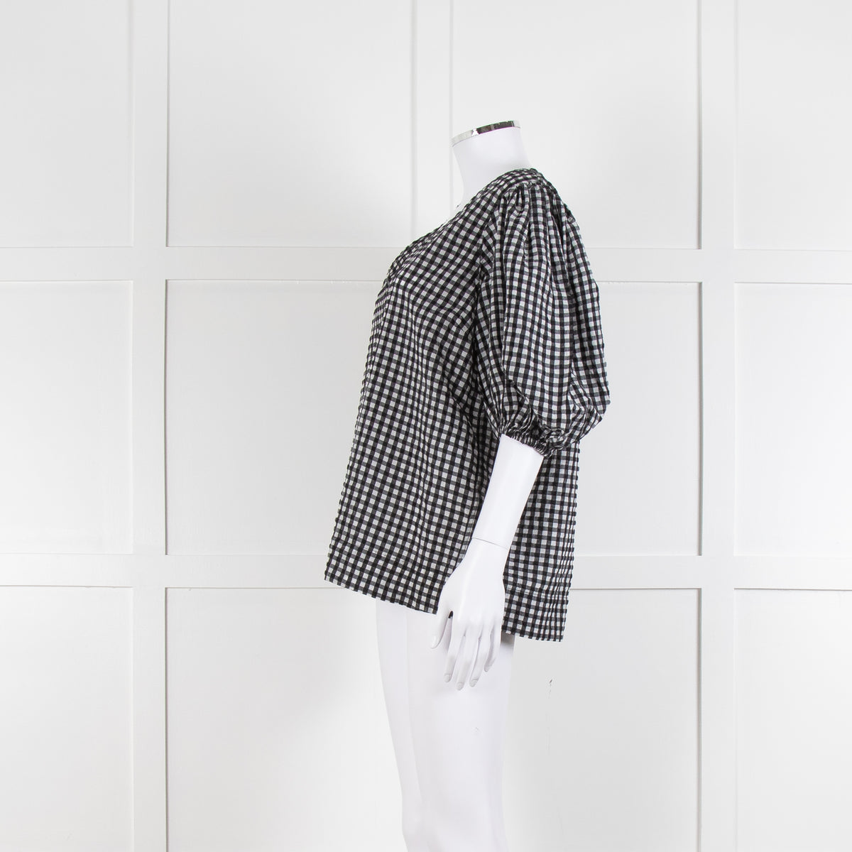 Ganni Checked Top with Puff Sleeves
