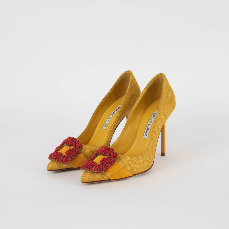 Manolo Blahnik Mustard Yellow Red Bead Embellished Heeled Shoes