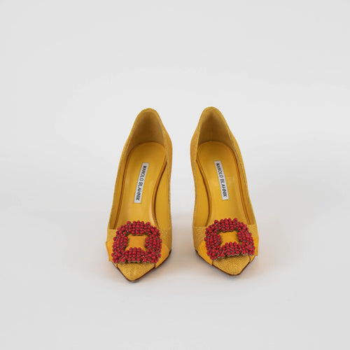 Manolo Blahnik Mustard Yellow Red Bead Embellished Heeled Shoes