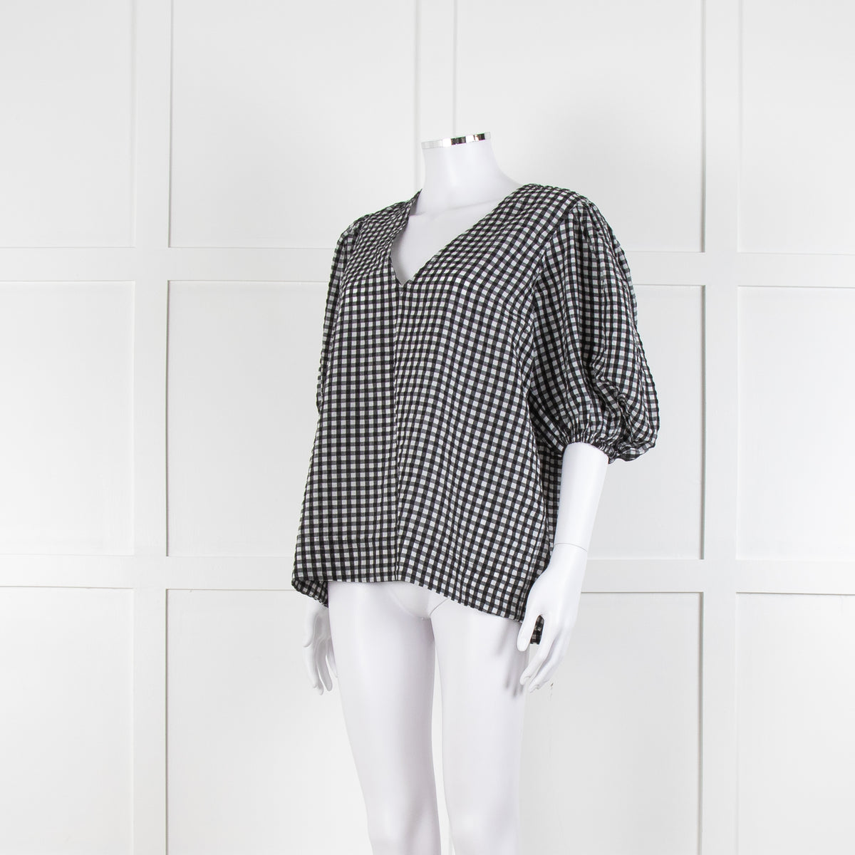 Ganni Checked Top with Puff Sleeves