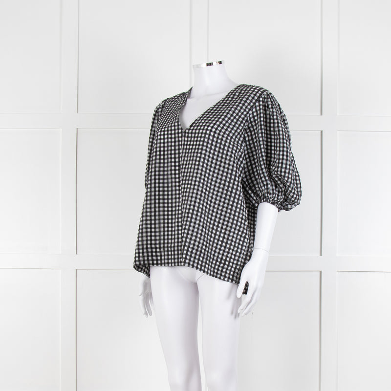 Ganni Checked Top with Puff Sleeves