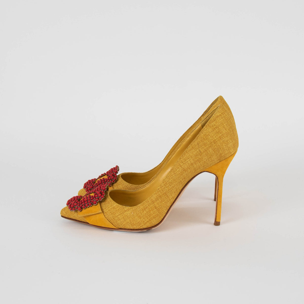 Manolo Blahnik Mustard Yellow Red Bead Embellished Heeled Shoes