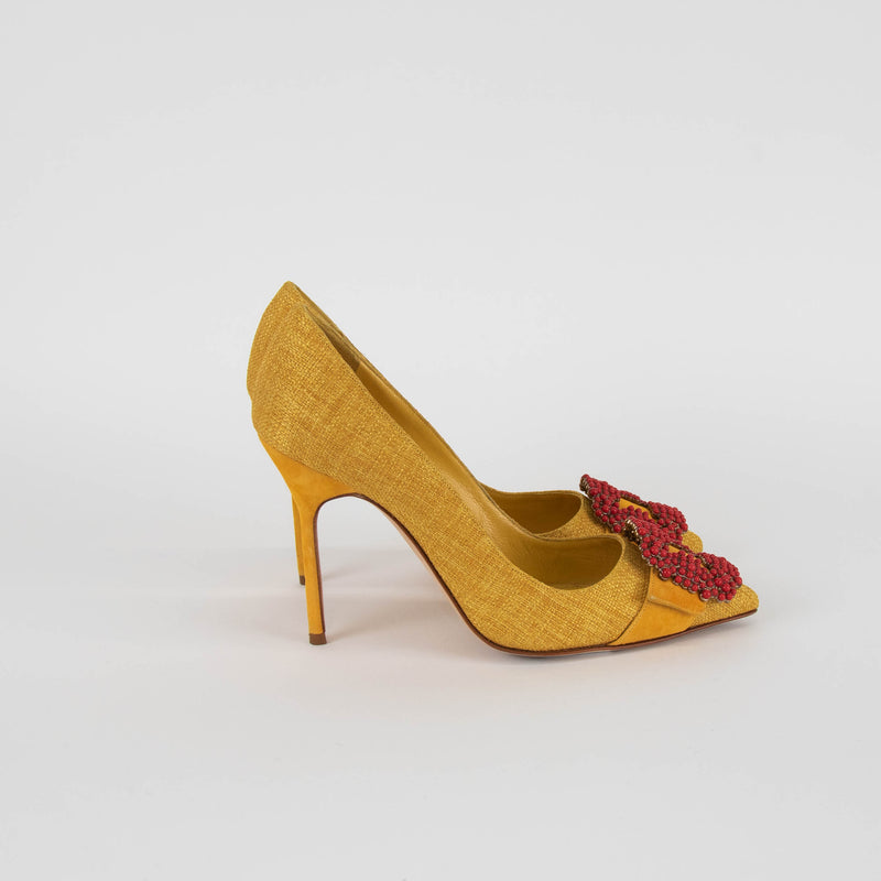 Manolo Blahnik Mustard Yellow Red Bead Embellished Heeled Shoes