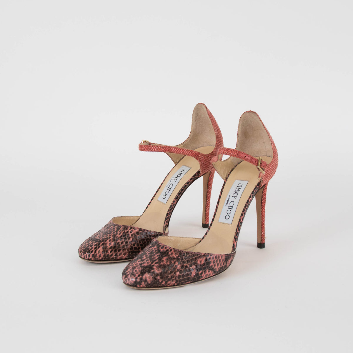 Jimmy Choo Salmon Snake Embossed Fabric Heeled Shoes