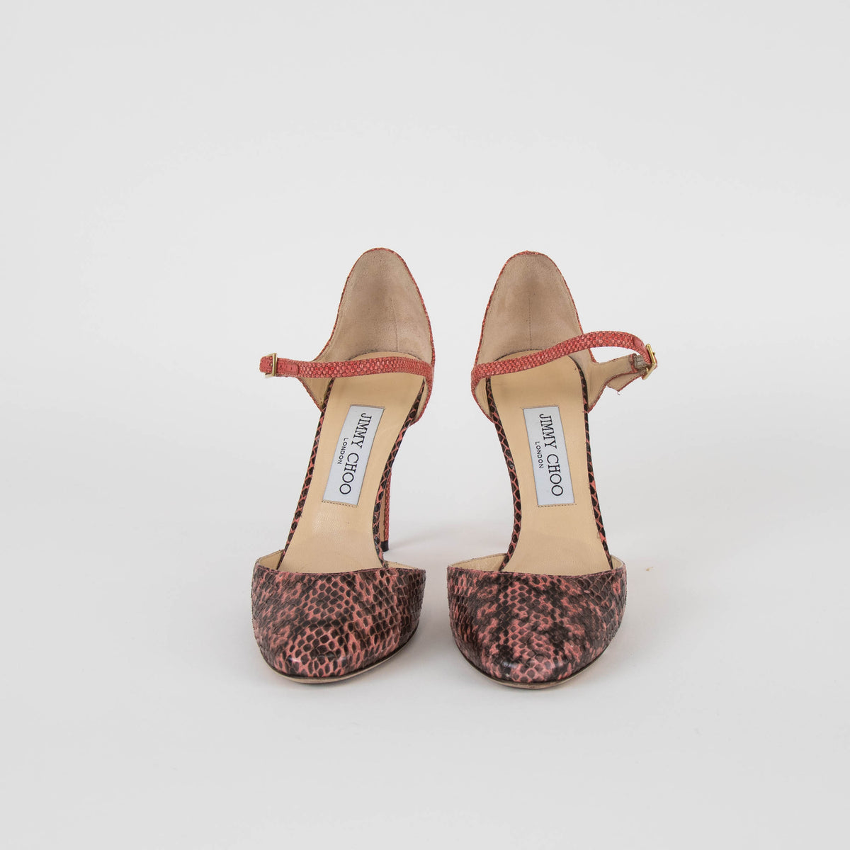 Jimmy Choo Salmon Snake Embossed Fabric Heeled Shoes