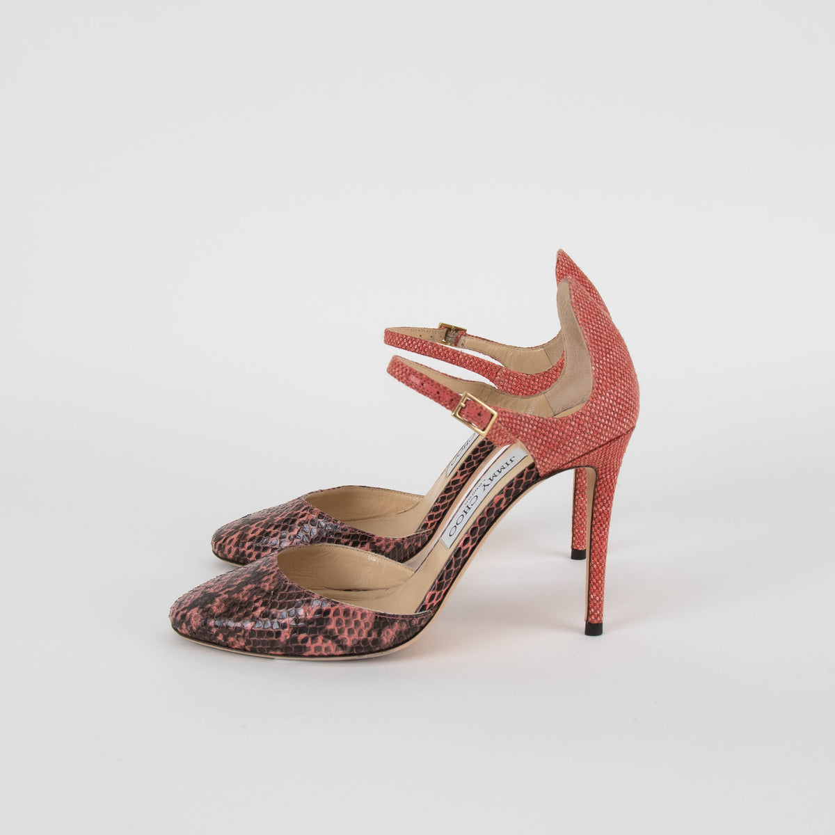 Jimmy Choo Salmon Snake Embossed Fabric Heeled Shoes