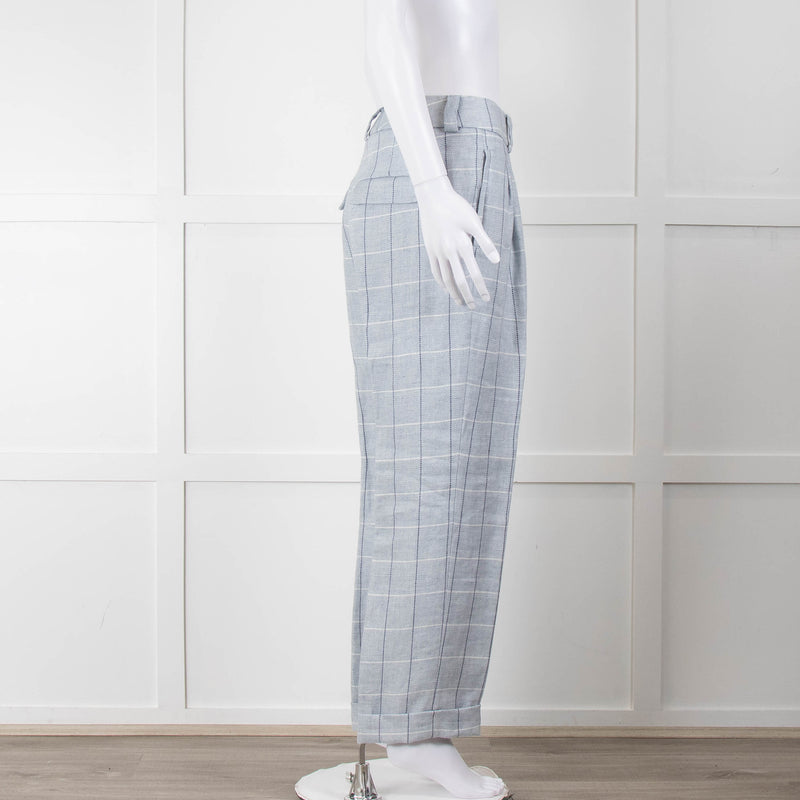 Peserico Pale Blue Check Linen Trousers with Turn Up