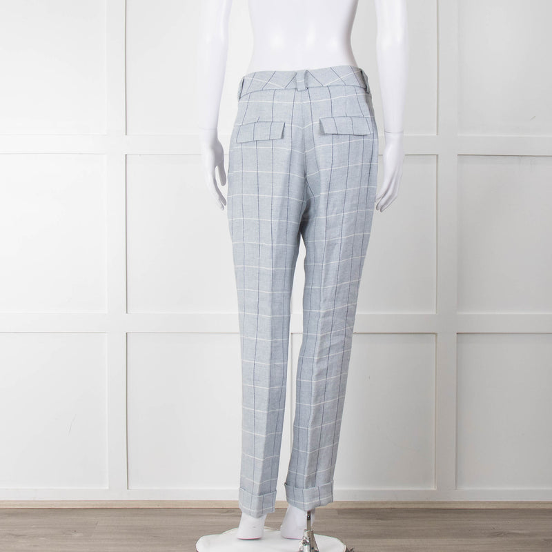 Peserico Pale Blue Check Linen Trousers with Turn Up