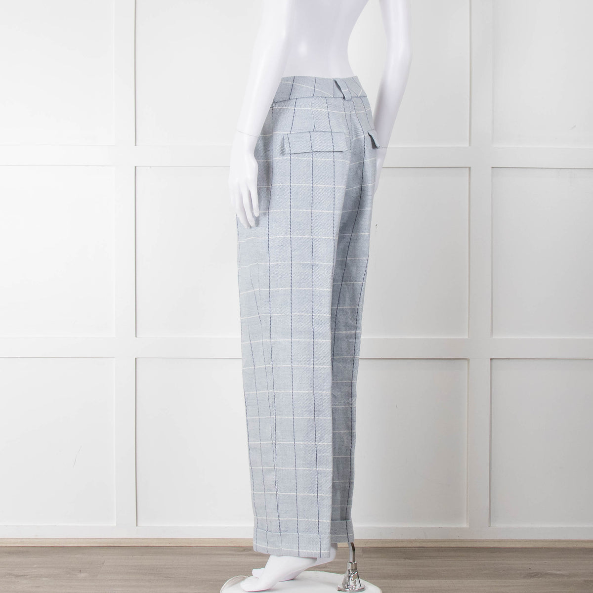 Peserico Pale Blue Check Linen Trousers with Turn Up