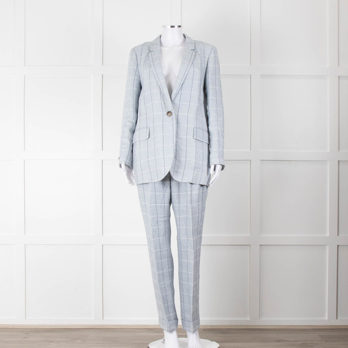 Peserico Pale Blue Check Linen Trousers with Turn Up