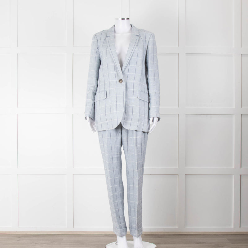 Peserico Pale Blue Check Linen Trousers with Turn Up