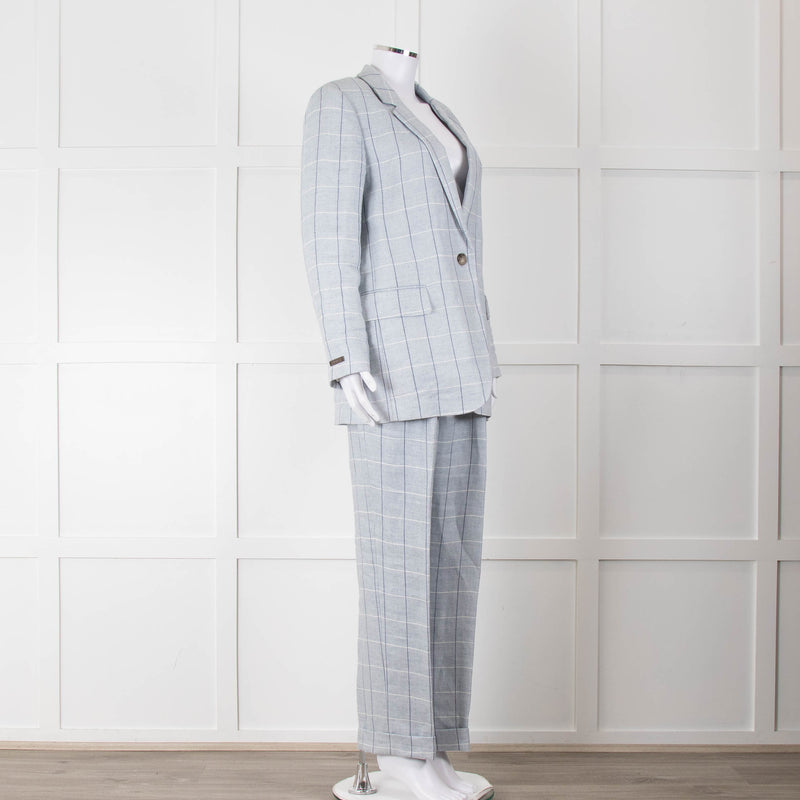 Peserico Pale Blue Check Linen Trousers with Turn Up