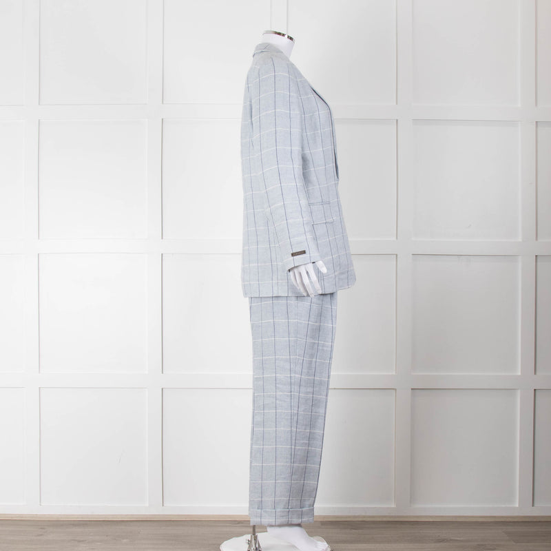 Peserico Pale Blue Check Linen Trousers with Turn Up