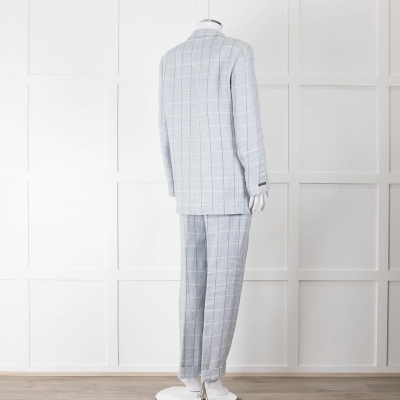 Peserico Pale Blue Check Linen Trousers with Turn Up