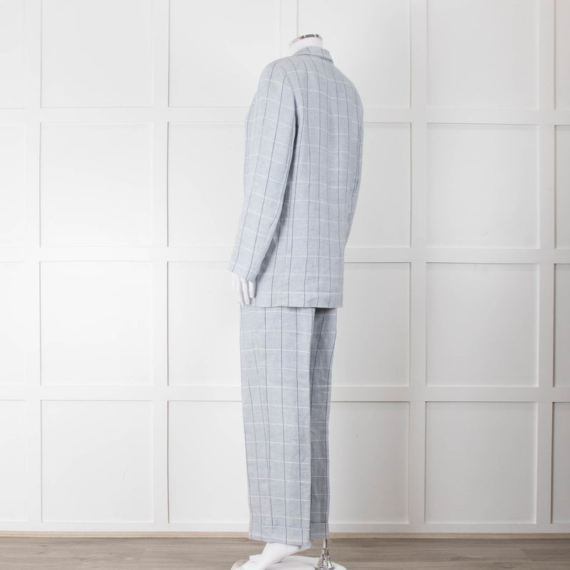 Peserico Pale Blue Check Linen Trousers with Turn Up