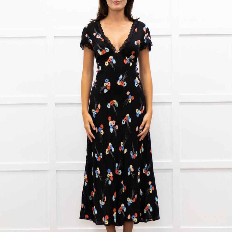 Rixo Black Clarice Lace Trim V Neck Tie Back Maxi Dress
