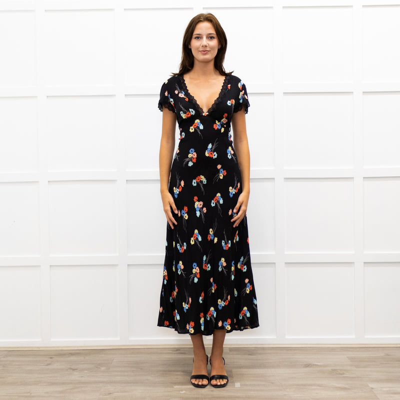 Rixo Black Clarice Lace Trim V Neck Tie Back Maxi Dress