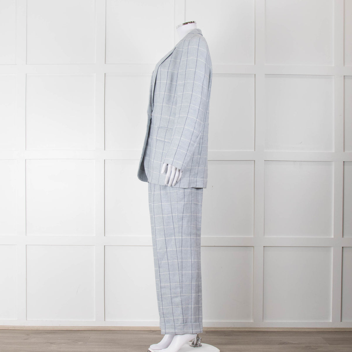 Peserico Pale Blue Check Linen Trousers with Turn Up