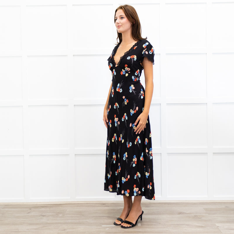 Rixo Black Clarice Lace Trim V Neck Tie Back Maxi Dress