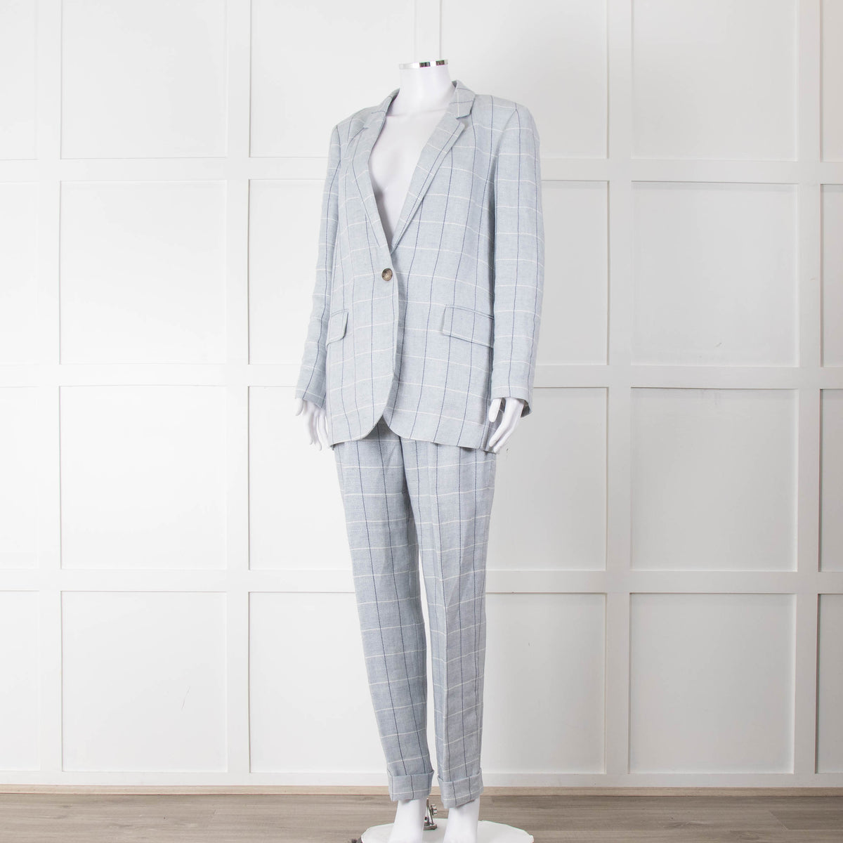 Peserico Pale Blue Check Linen Trousers with Turn Up