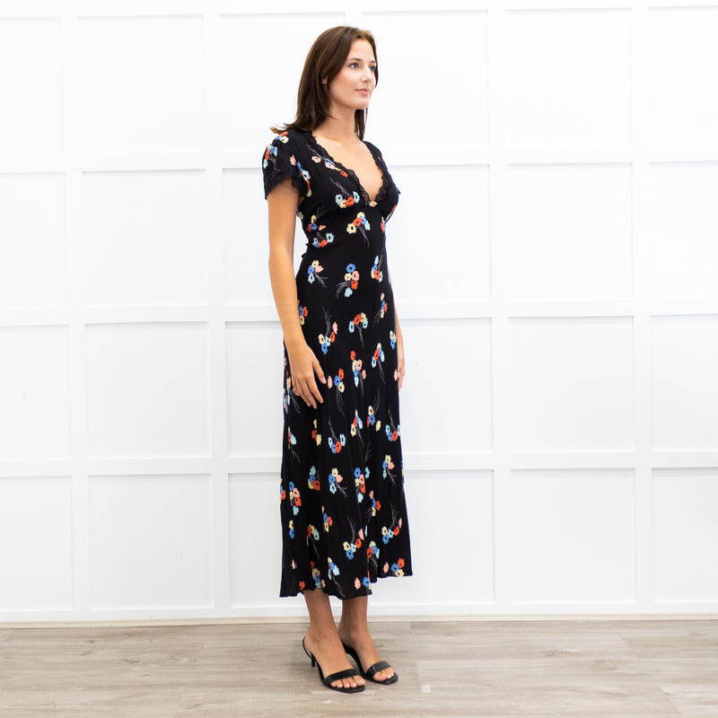 Rixo Black Clarice Lace Trim V Neck Tie Back Maxi Dress