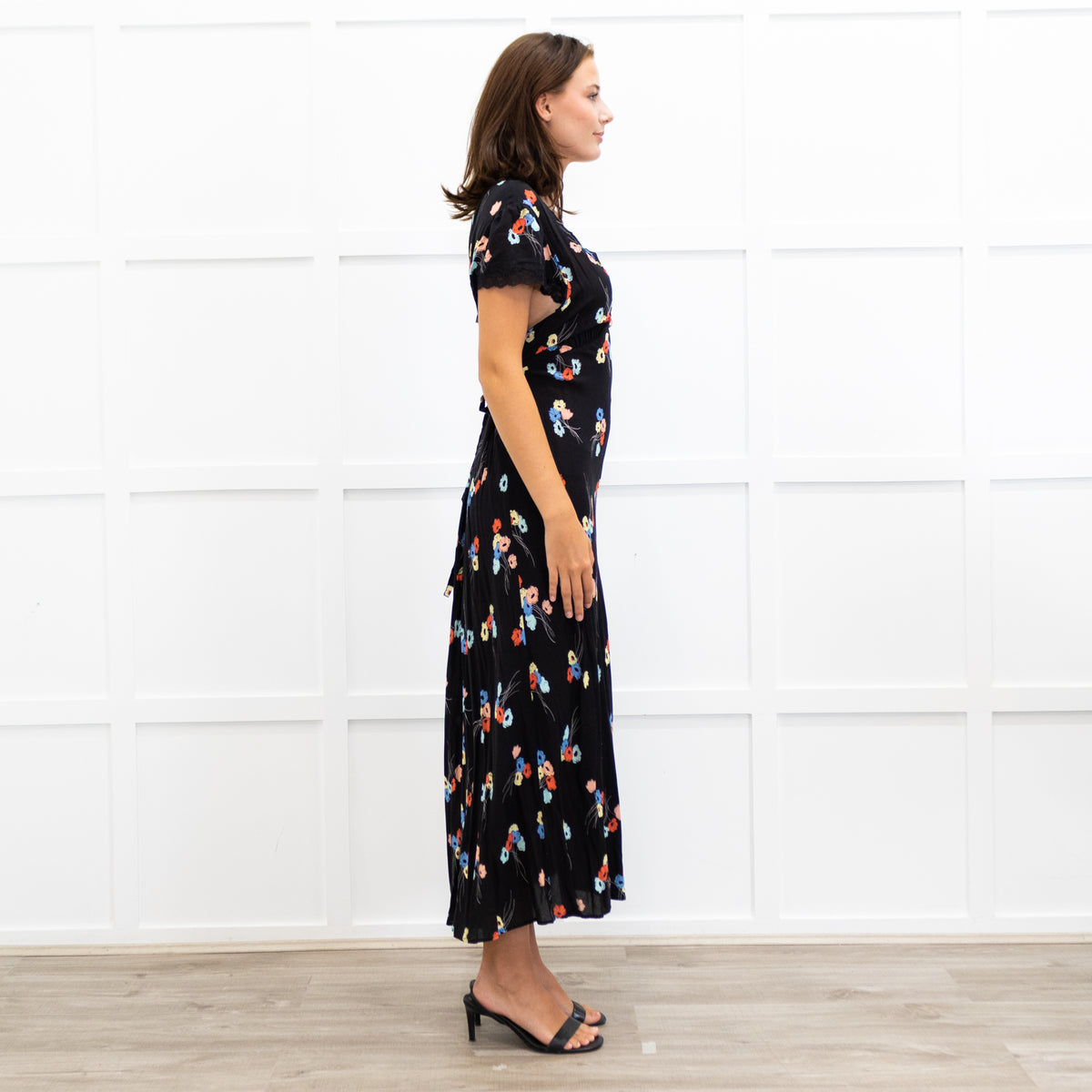 Rixo Black Clarice Lace Trim V Neck Tie Back Maxi Dress