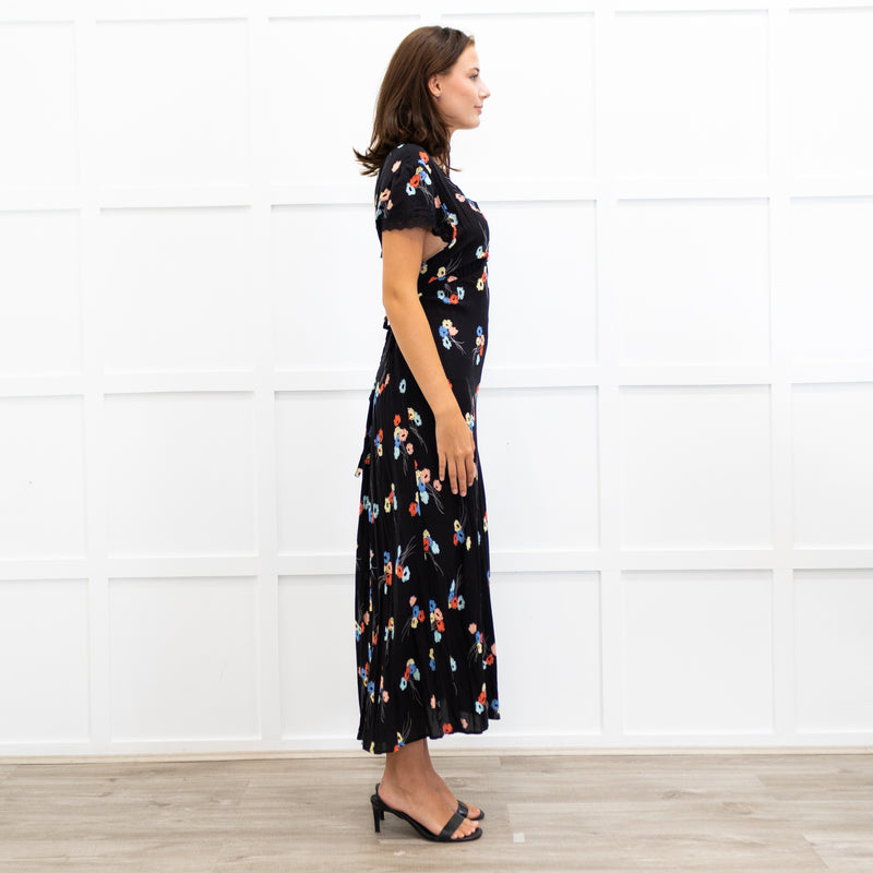 Rixo Black Clarice Lace Trim V Neck Tie Back Maxi Dress