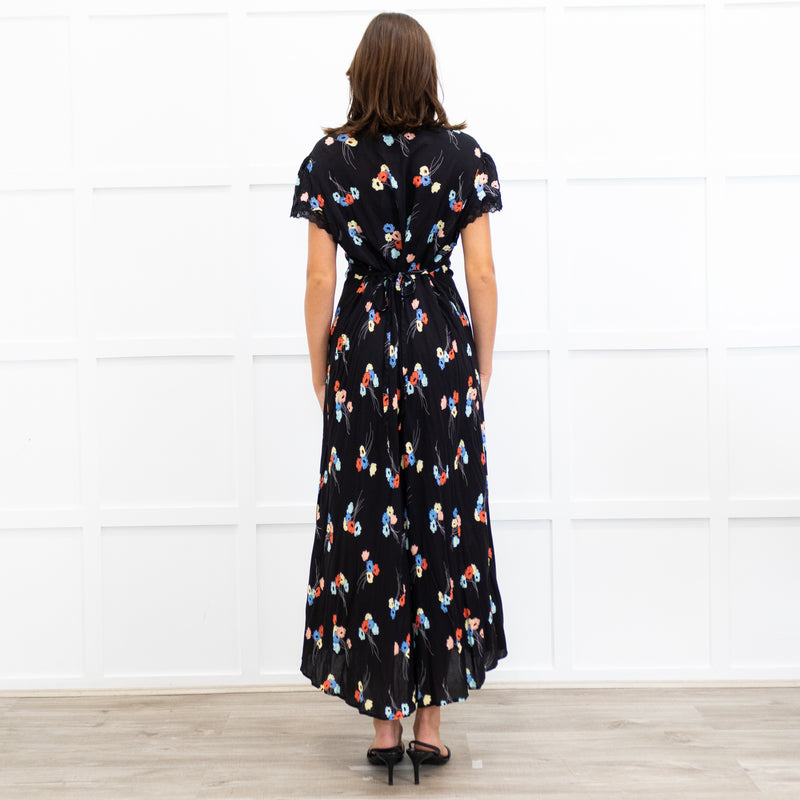 Rixo Black Clarice Lace Trim V Neck Tie Back Maxi Dress