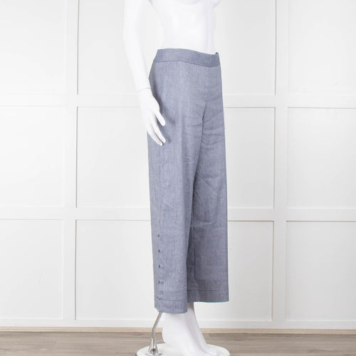 Club Monaco Blue Wide Leg Chambray Wide Leg Trousers with Covered Button Detailing
