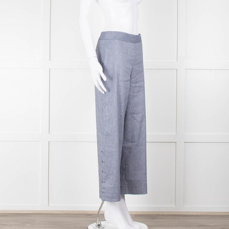 Club Monaco Blue Wide Leg Chambray Wide Leg Trousers with Covered Button Detailing
