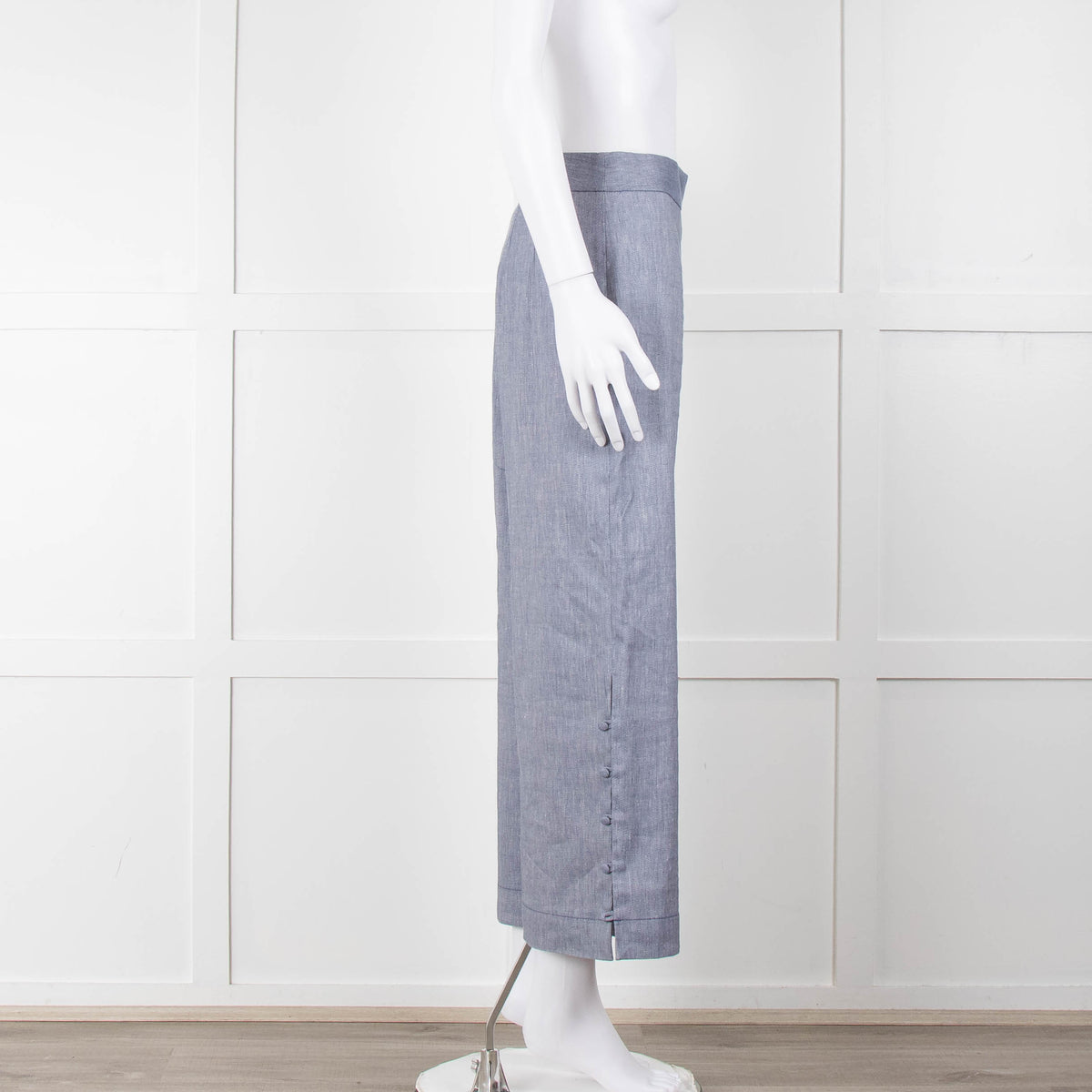 Club Monaco Blue Wide Leg Chambray Wide Leg Trousers with Covered Button Detailing