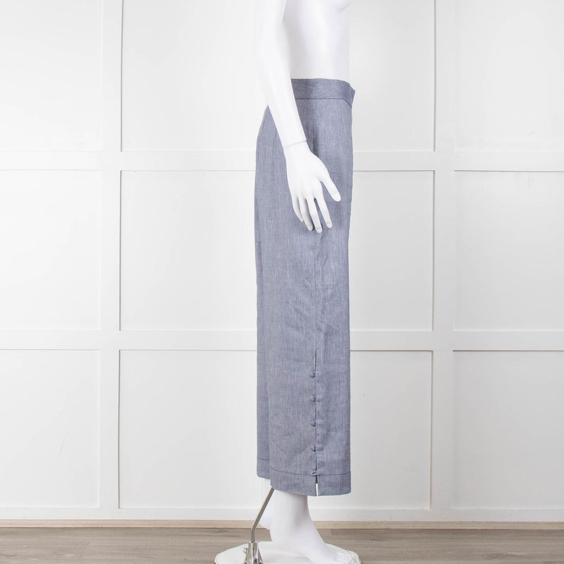 Club Monaco Blue Wide Leg Chambray Wide Leg Trousers with Covered Button Detailing