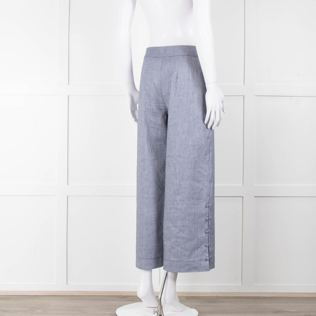 Club Monaco Blue Wide Leg Chambray Wide Leg Trousers with Covered Button Detailing