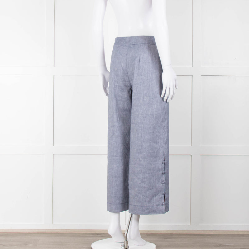 Club Monaco Blue Wide Leg Chambray Wide Leg Trousers with Covered Button Detailing